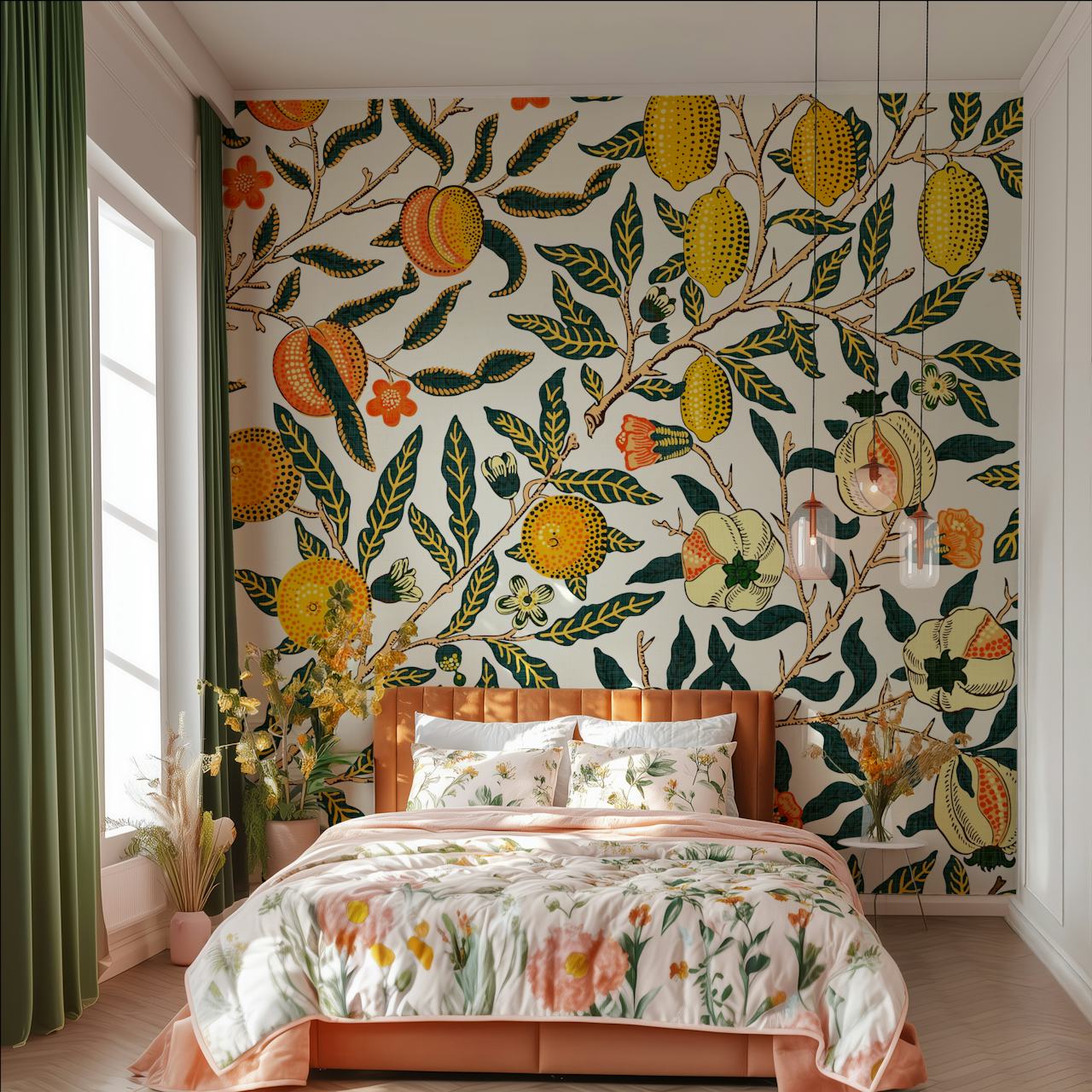 Pomegranate fruit and floral pattern on white wallpaper