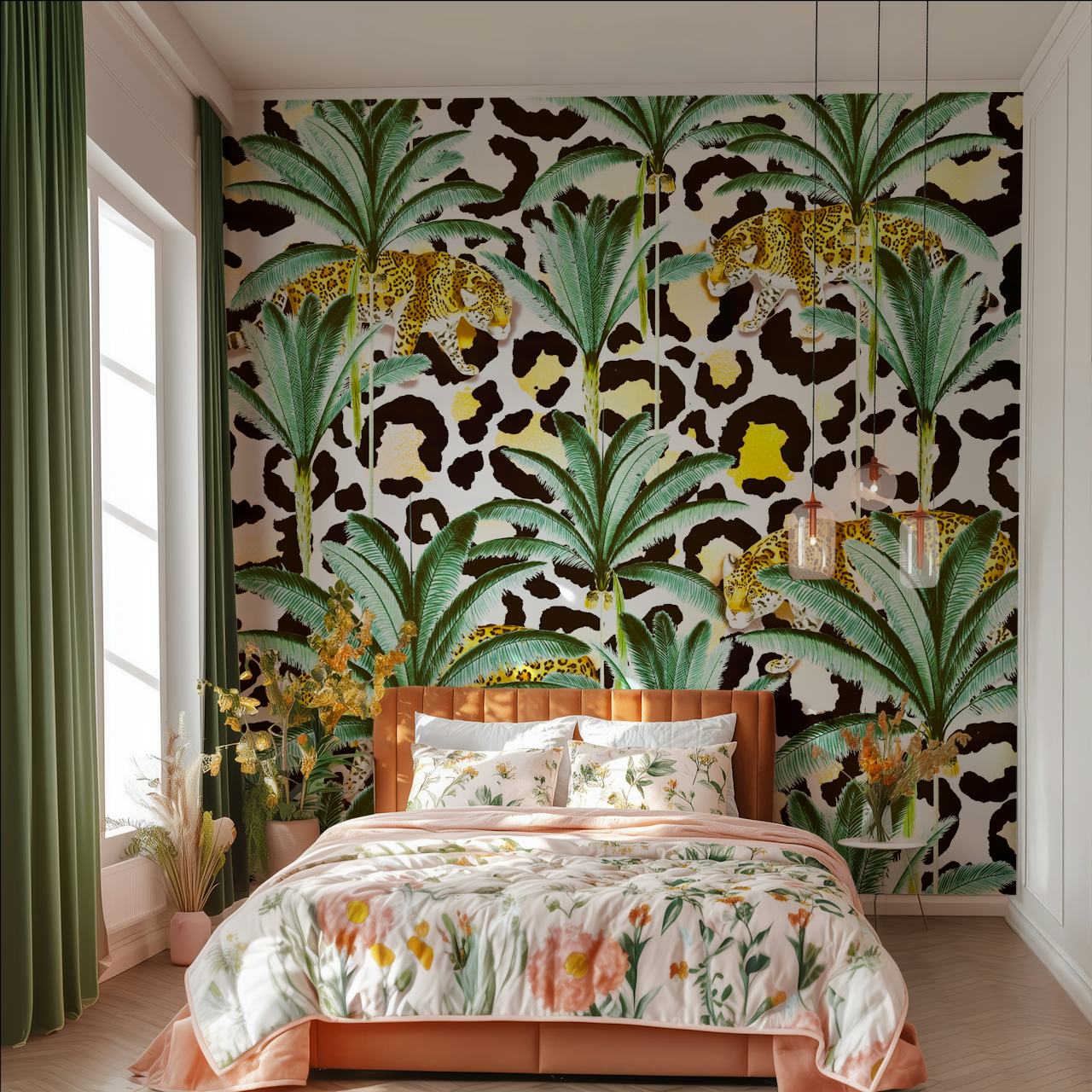 Papier peint Jungle Prowl avec imprimé léopard et feuilles de palmier