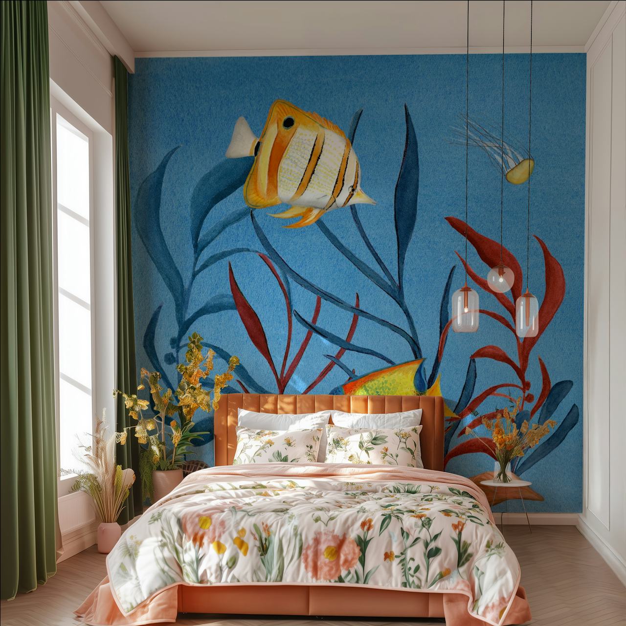 Colorful fish and seaweed pattern on blue background wallpaper