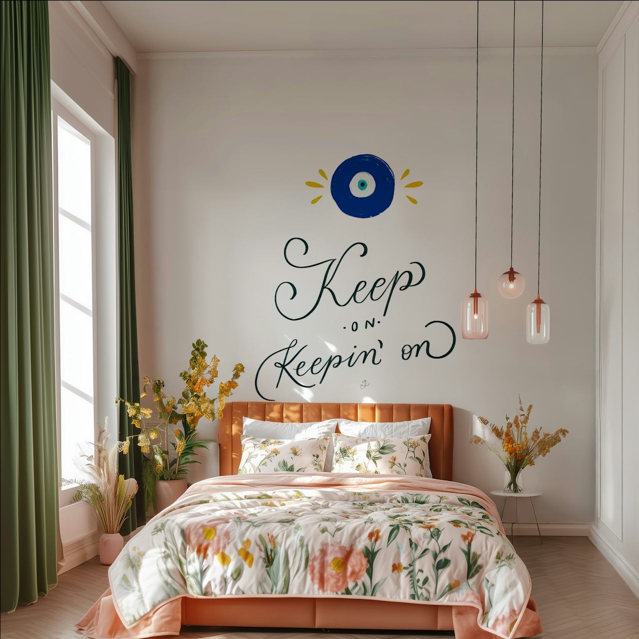 Hänge Keep On Inspirational Art Tapete in einem Raum auf