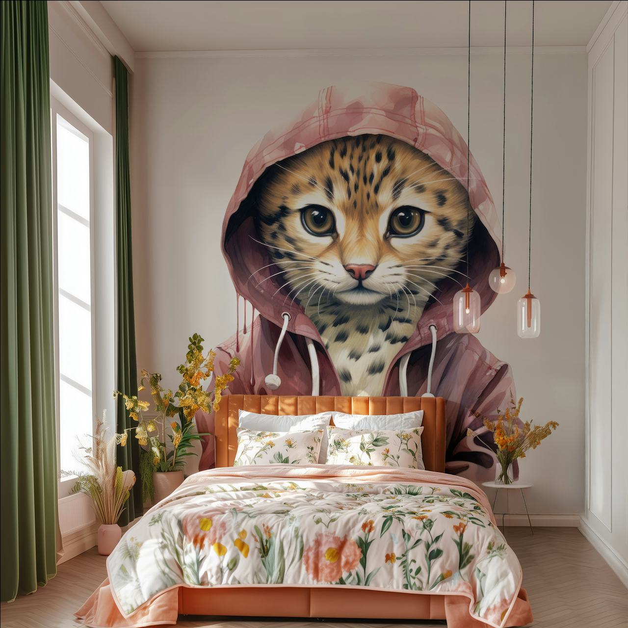 Cartoon ocelot in a pink hoodie wallpaper