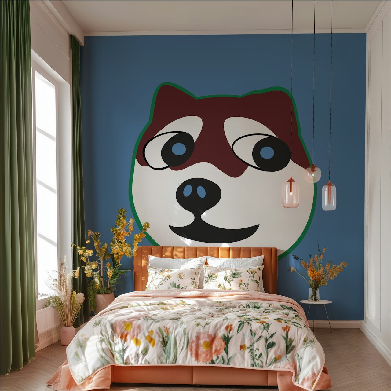 Friendly dog graphic wallpaper in a room