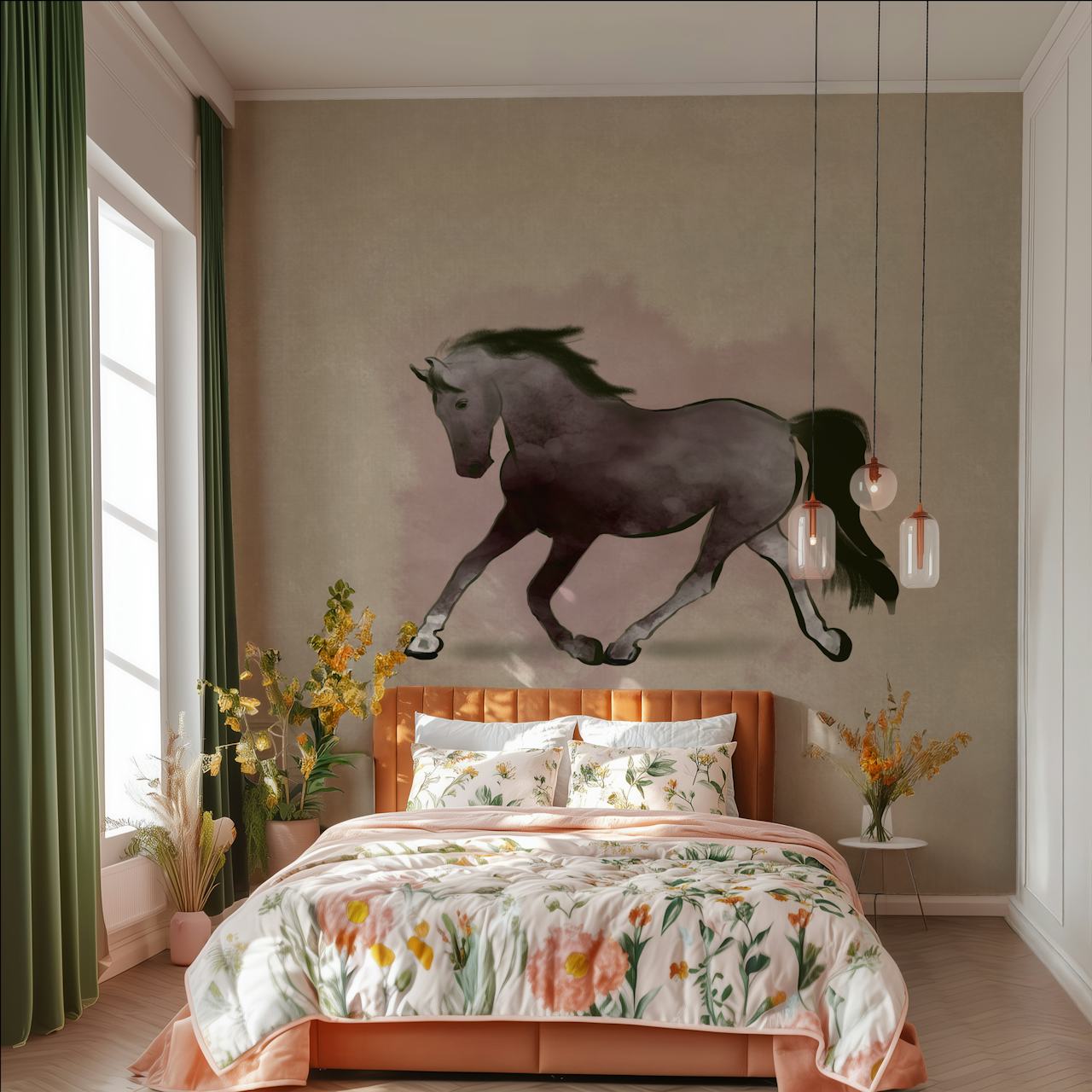 Ταπετσαρία Equine Trot με άλογο υδατογραφίας σε ένα δωμάτιο