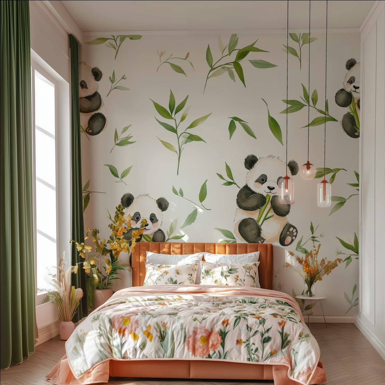 Cute pandas sitting on bamboo with green leaves wallpaper