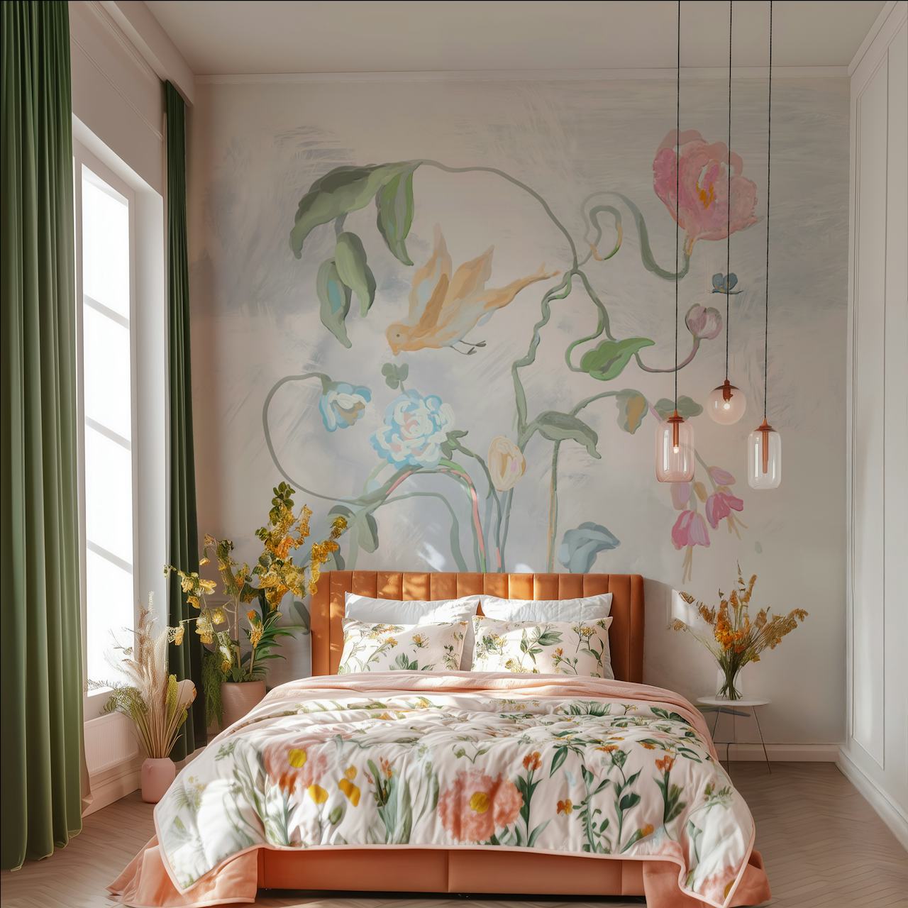 Delicate floral wallpaper σε ένα άνετο δωμάτιο