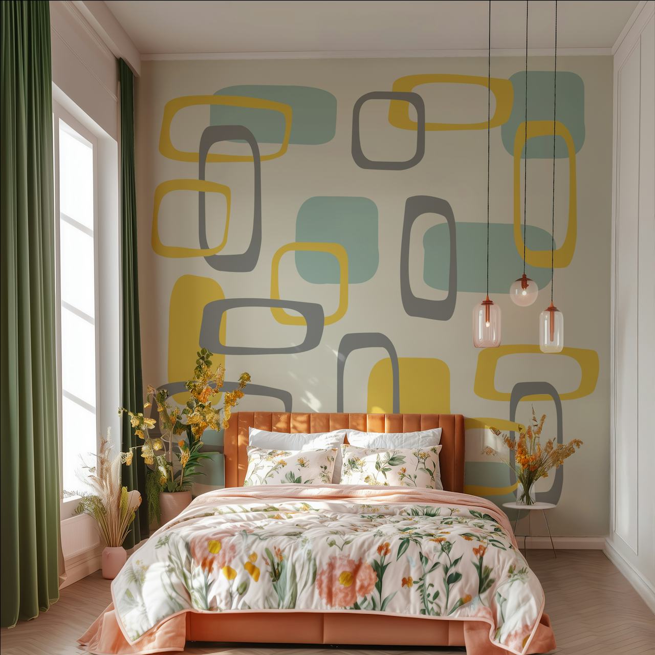 Ταπετσαρία Mid Century Squares Pattern σε ένα δωμάτιο