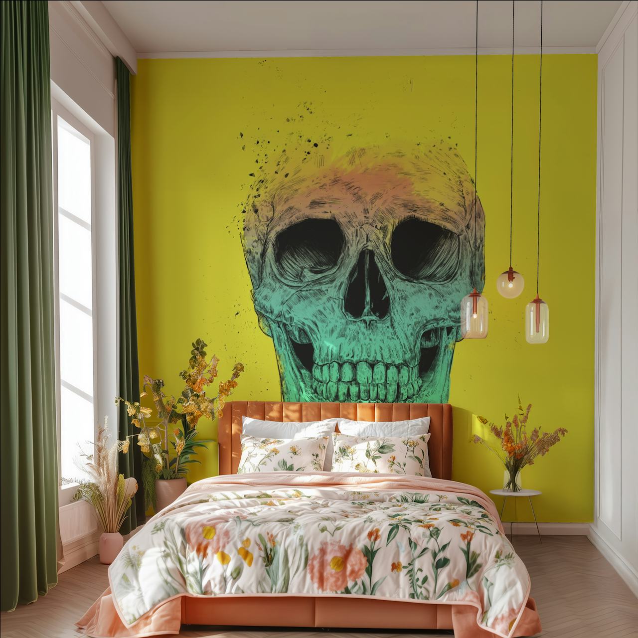 Colorful pop art skull illustration on bright yellow background wallpaper