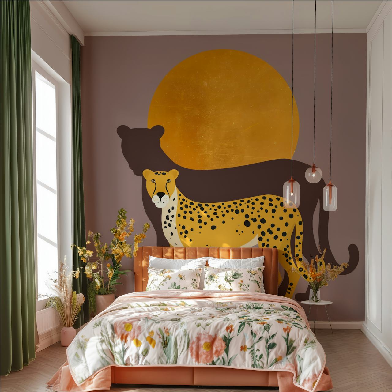 Cheerful golden cheetah and lion silhouette on earthy brown background wallpaper