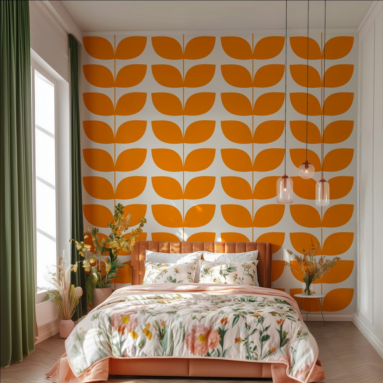 Danish Pattern Orange papel pintado en una habitación