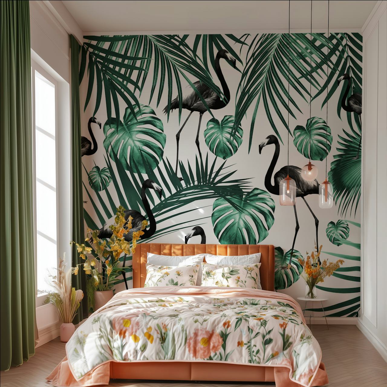 Tropical wallpaper featuring black flamingos and green palm leaves