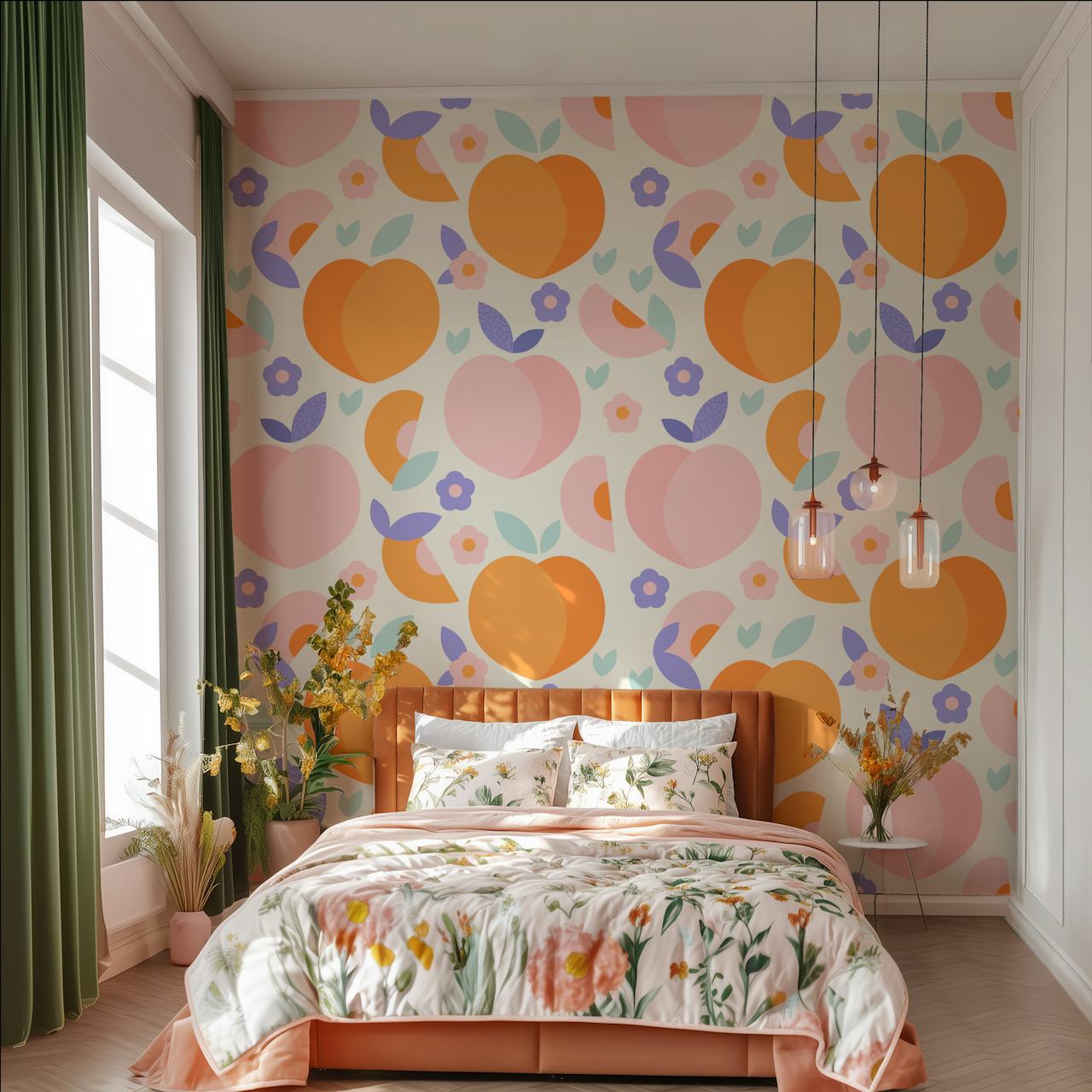 Peach and purple floral pattern wallpaper with leaves