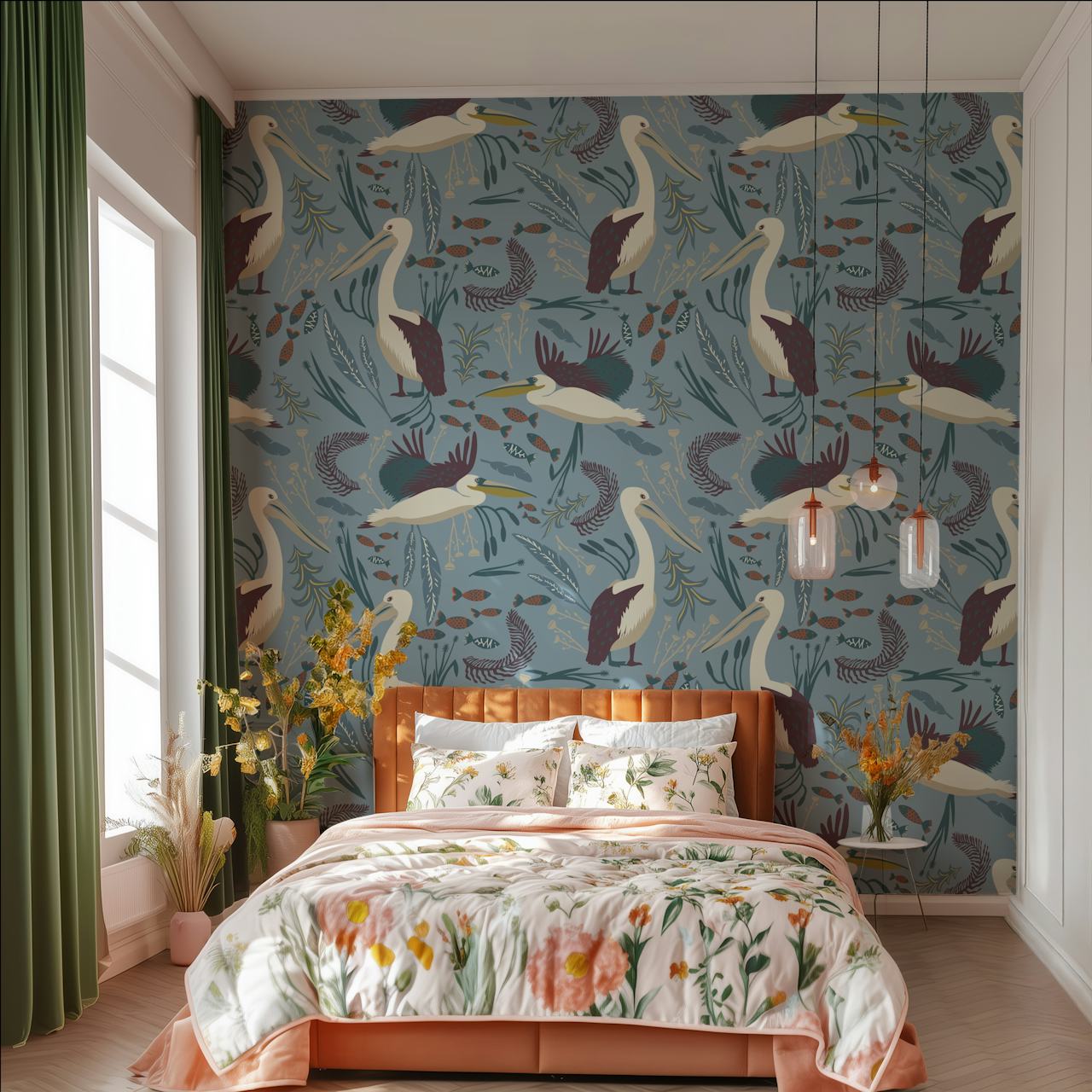 Pelicans wallpaper in a modern interior design