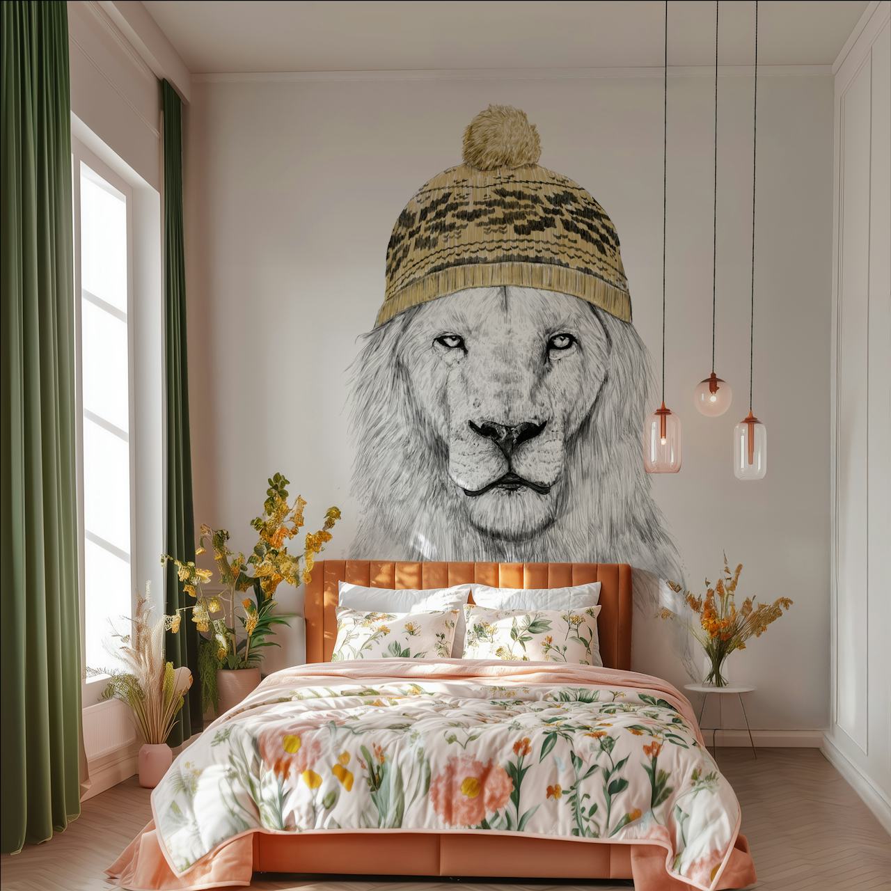 Papel de parede com um inverno lion em um gorro