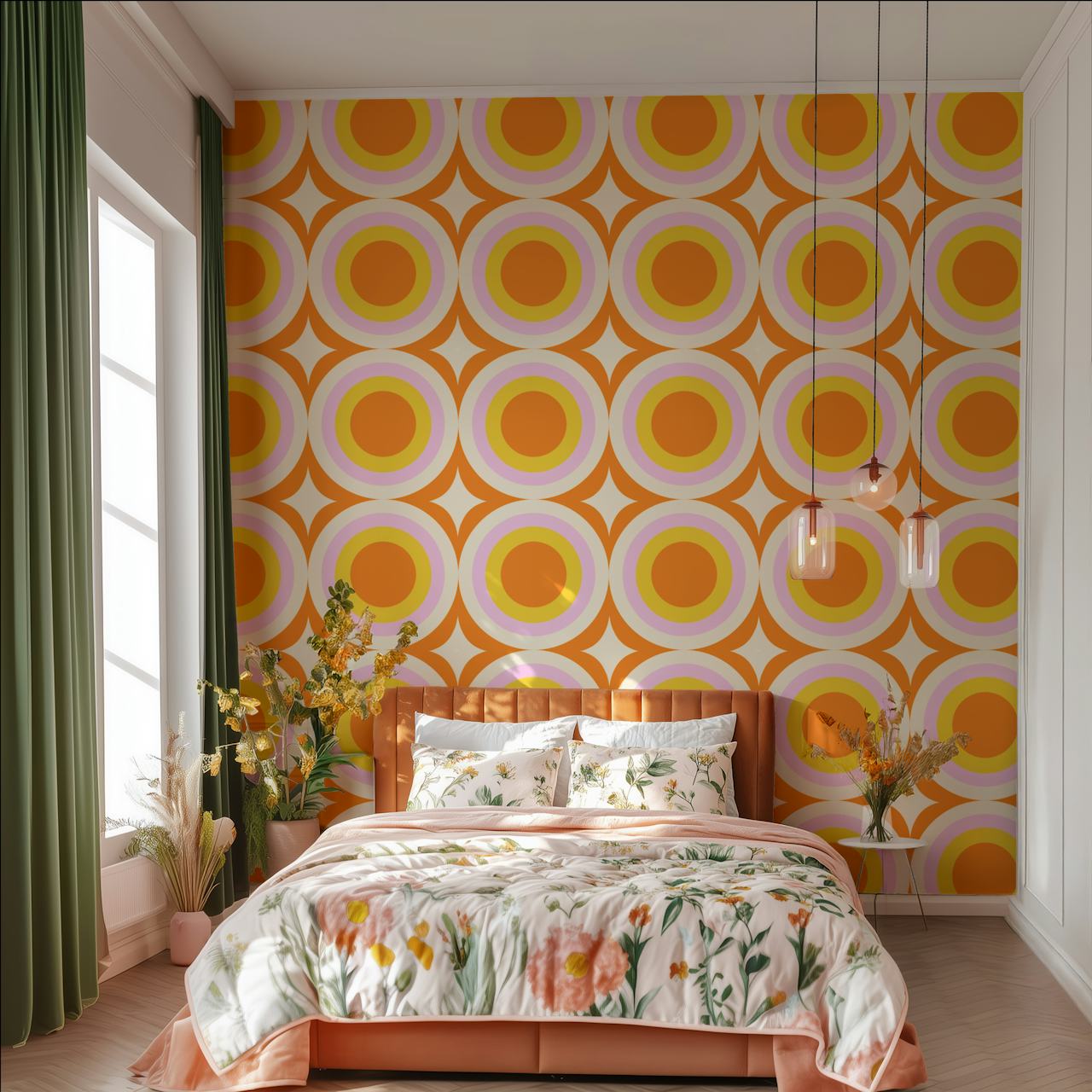 Geometric dot pattern in orange and pink tones wallpaper