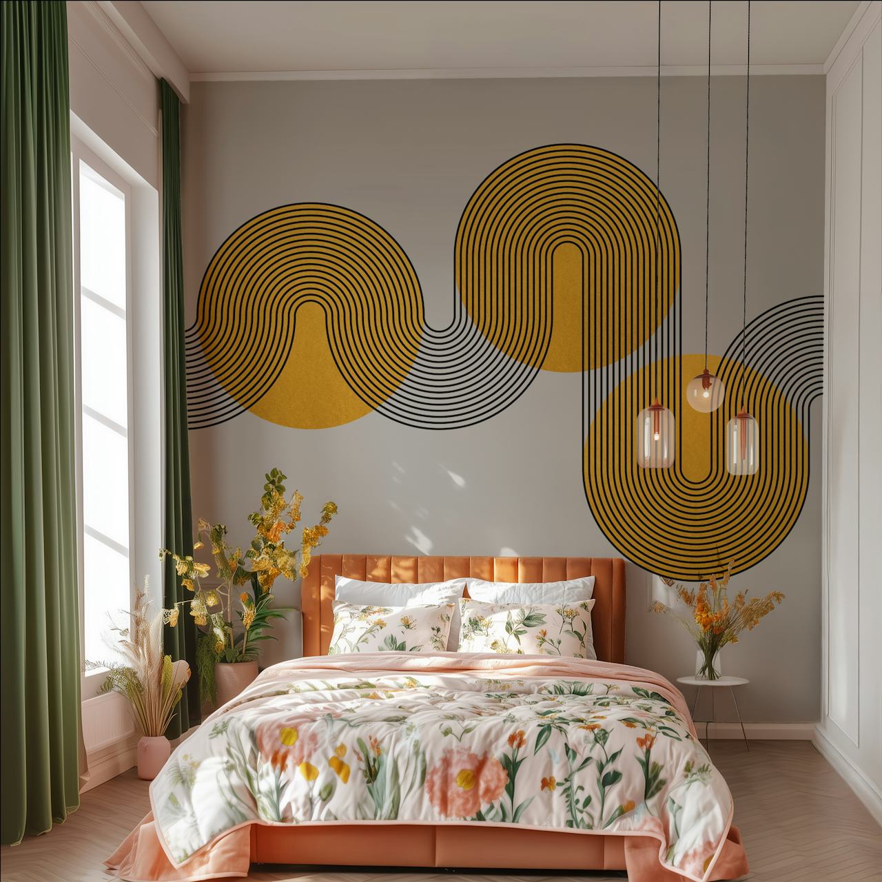 Elegante murale moderno in stile Art Déco con cerchi geometrici e accenti dorati