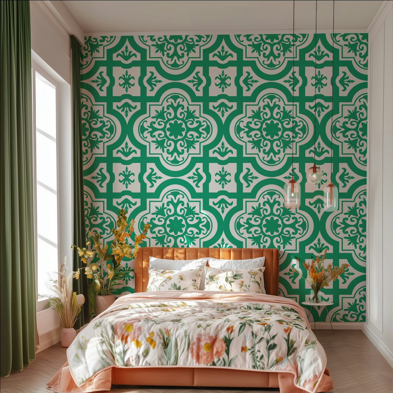 Turkish green and white διακοσμημένο σχέδιο τοιχογραφίας