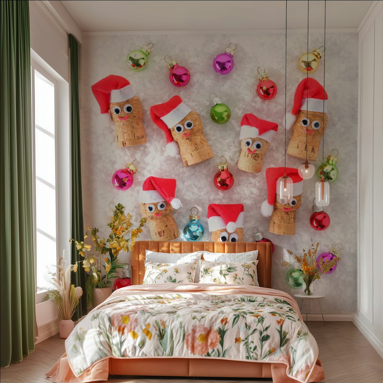 Divertente murale natalizio con tappi di sughero decorati con cappelli di Babbo Natale e palline colorate su uno sfondo innevato