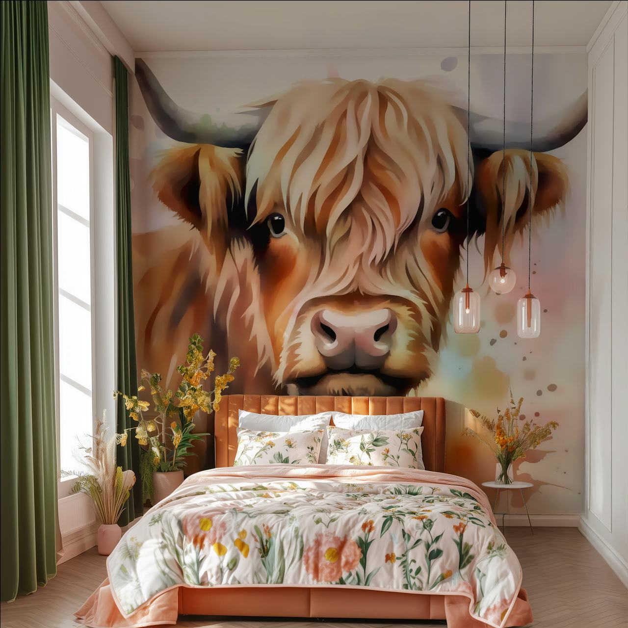 Highland cow close-up with soft brown and cream colors wall mural