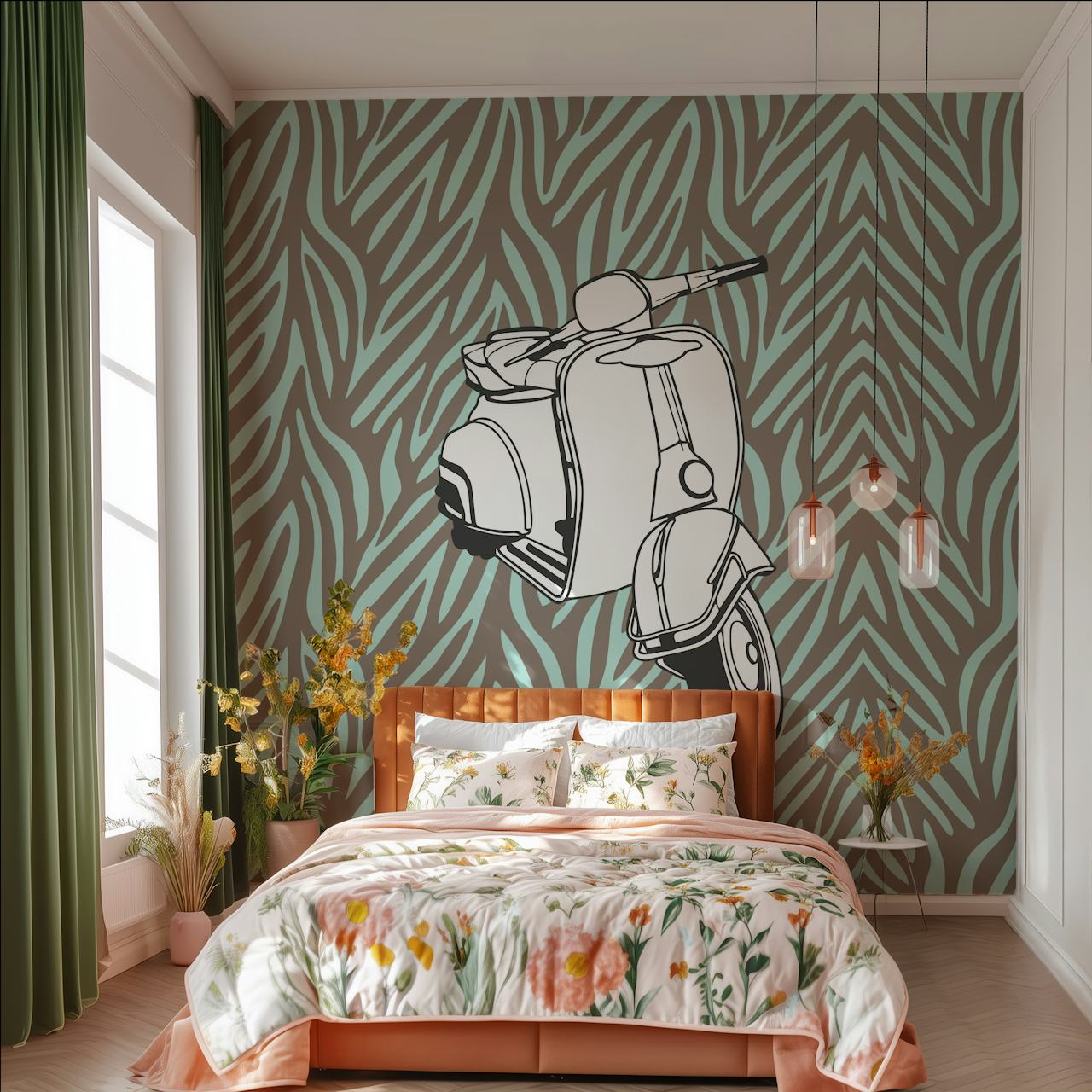 Tapeta w zwierzęcy wzór Taupe sage z Vespa bike