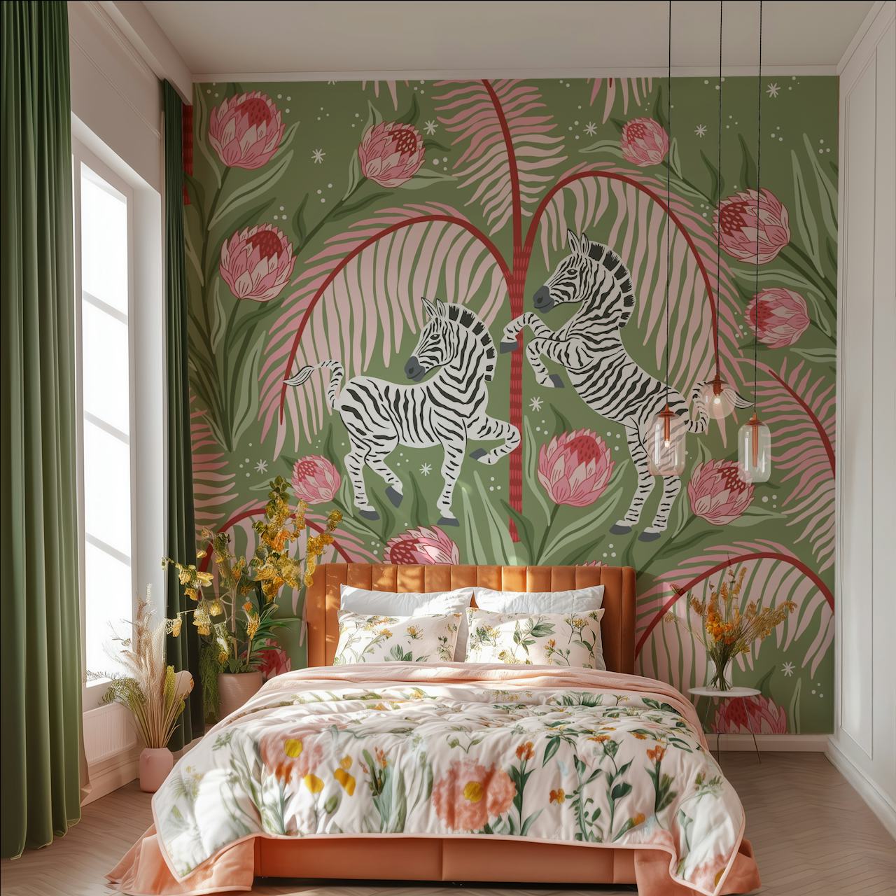 Zebras and protea flowers in pink against green wallpaper