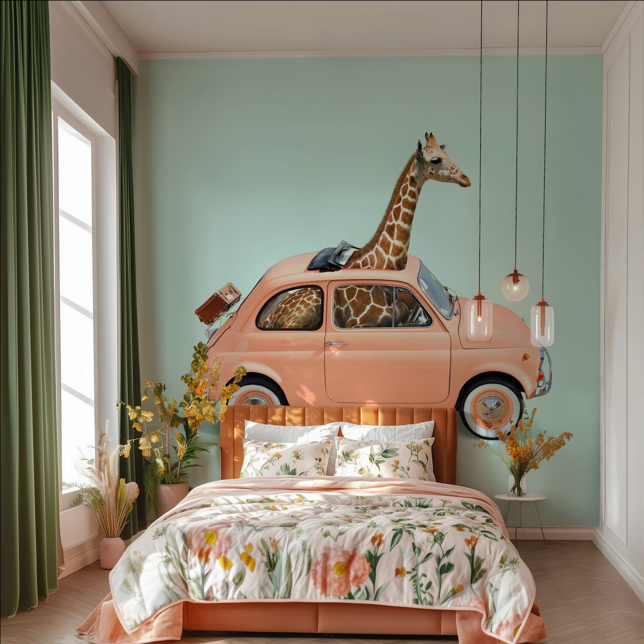Giraffe i en pink bil tapet
