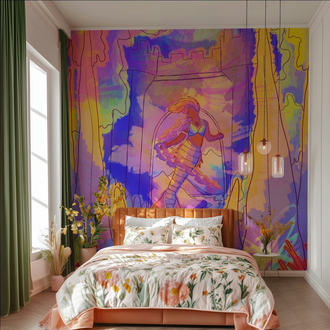 Papel de parede Mermaid e castle em um quarto