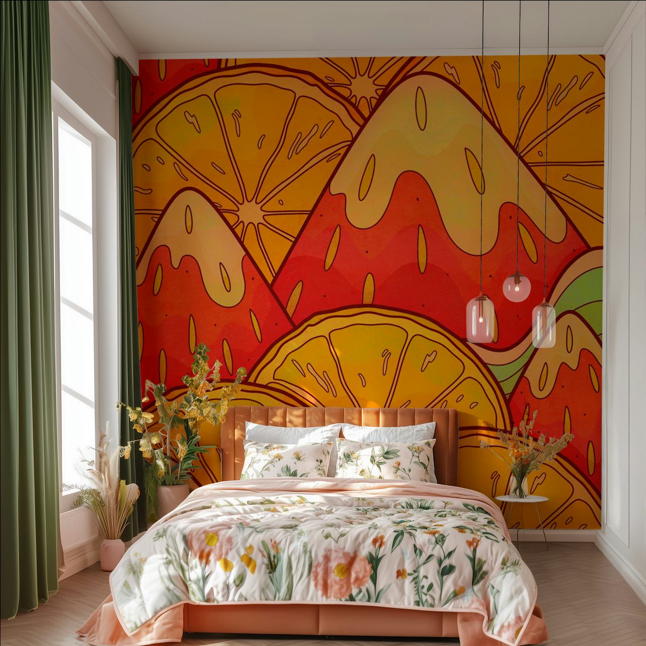 Vibrant orange and strawberry fruit pattern wallpaper