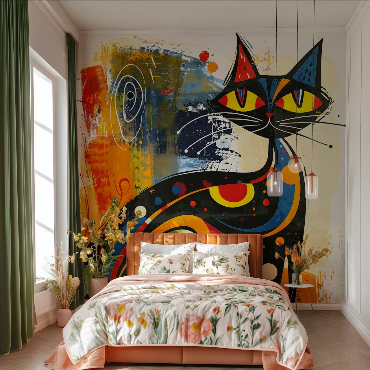 Colorful abstract cat illustration with black and vibrant colors wallpaper