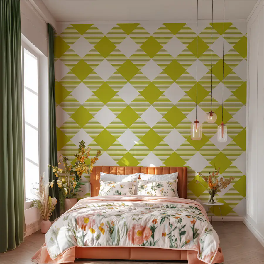 Avocado green checked pattern wallpaper with diamond shapes