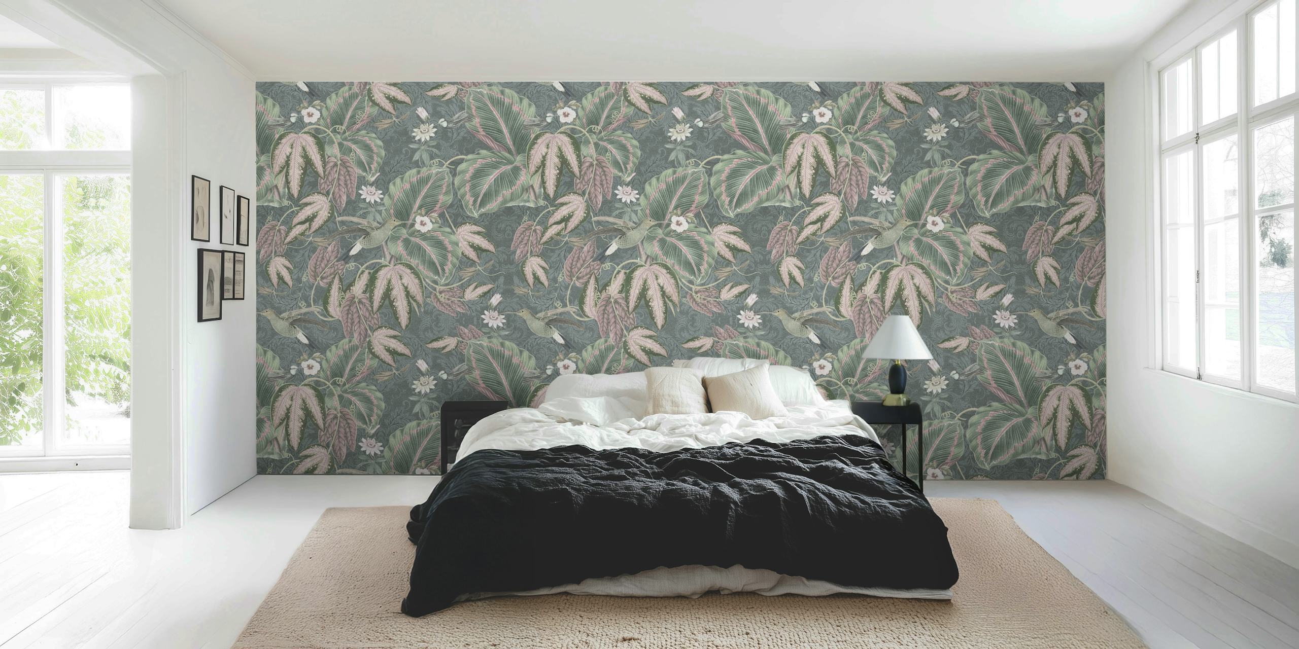 Mural de pared de estilo vintage que representa aves del paraíso y follaje en sutiles tonos pastel