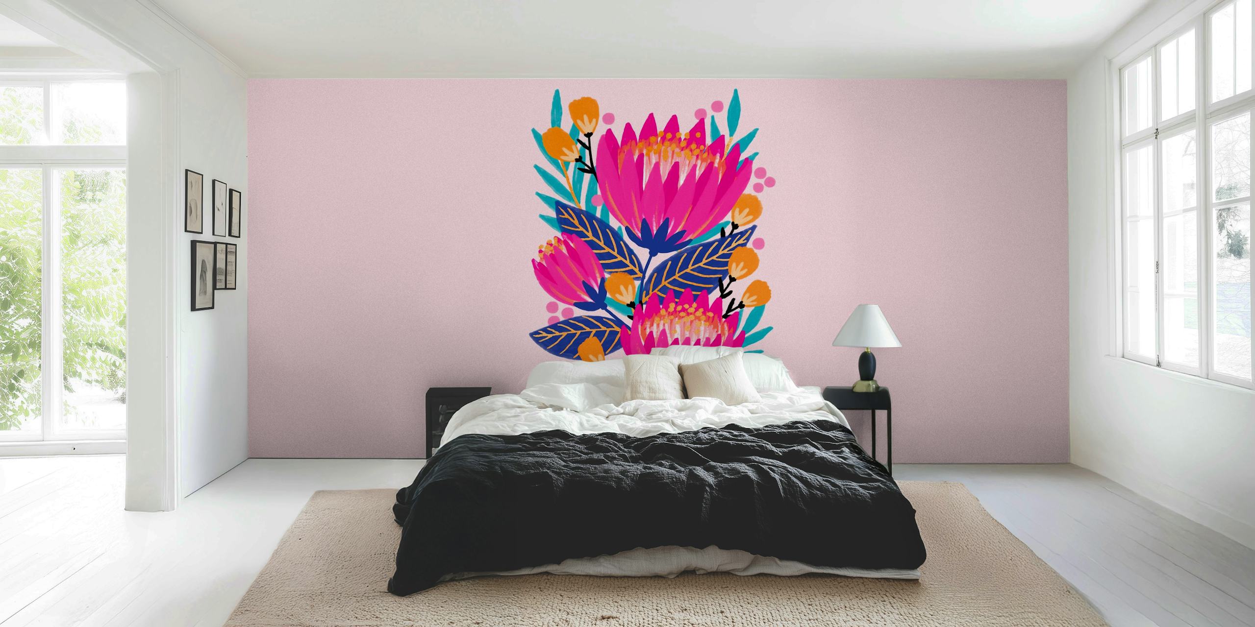 Colorful pink proteas flowers with green leaves wallpaper