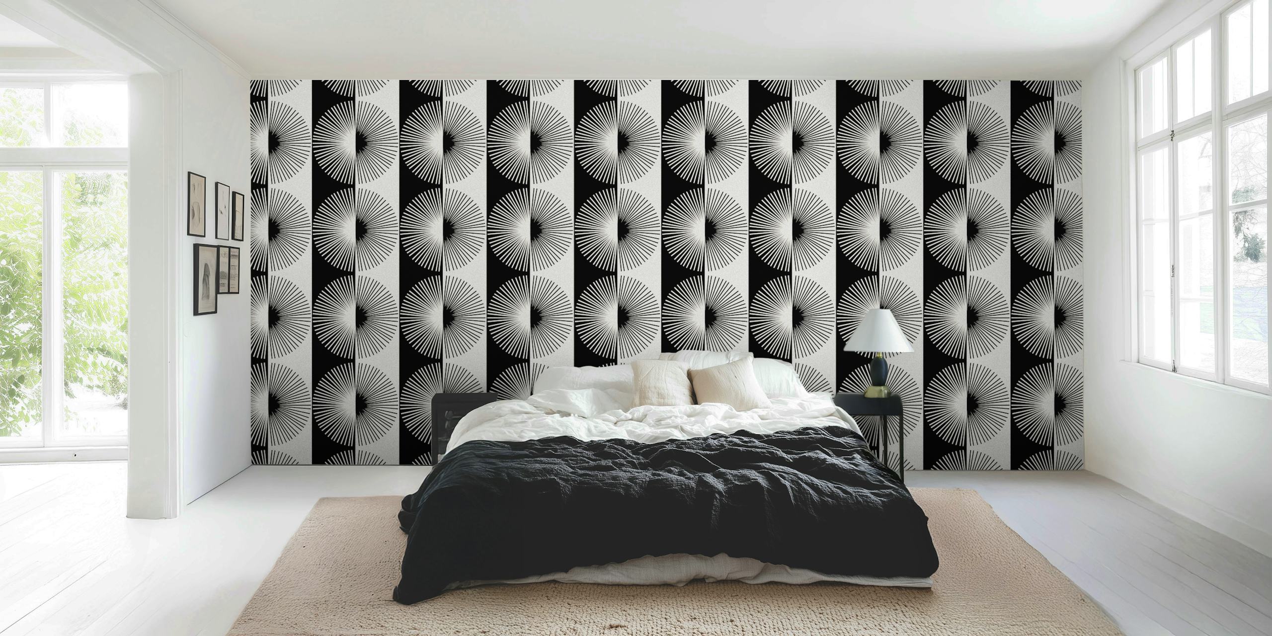 Black and white geometric pattern wallpaper with circular designs