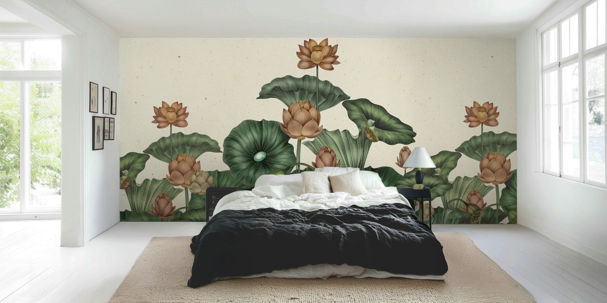 Papel de parede Zen Lotus Botanical Escape em um quarto