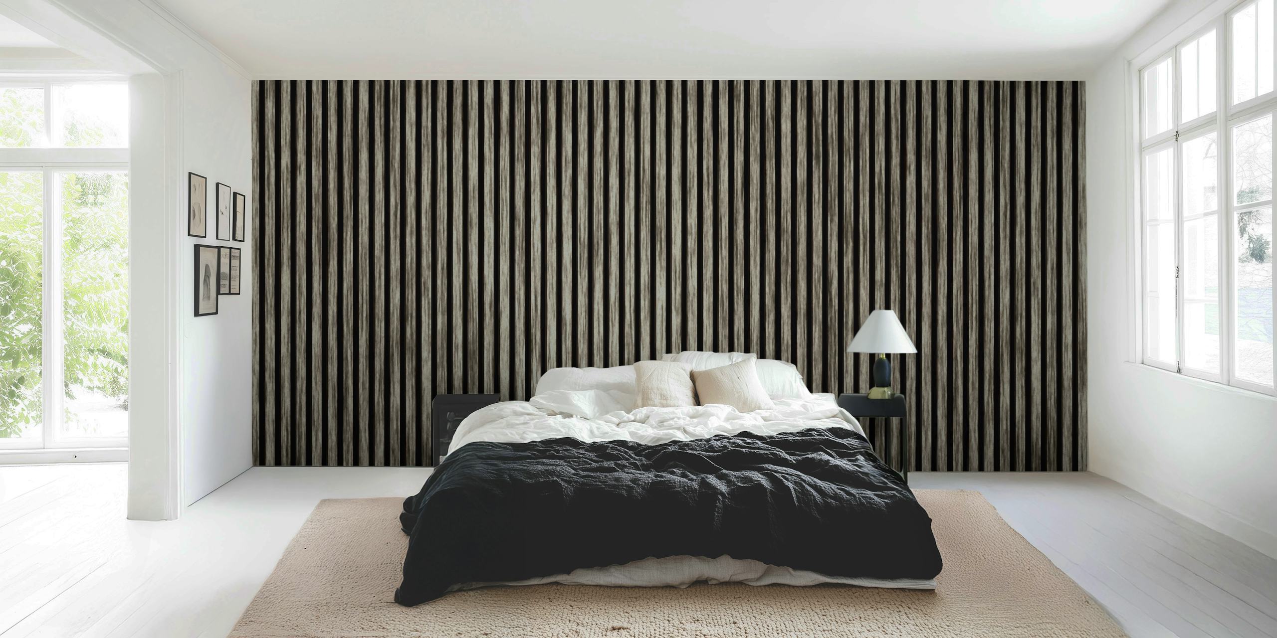 Rustic timber slats in black and white pattern wallpaper