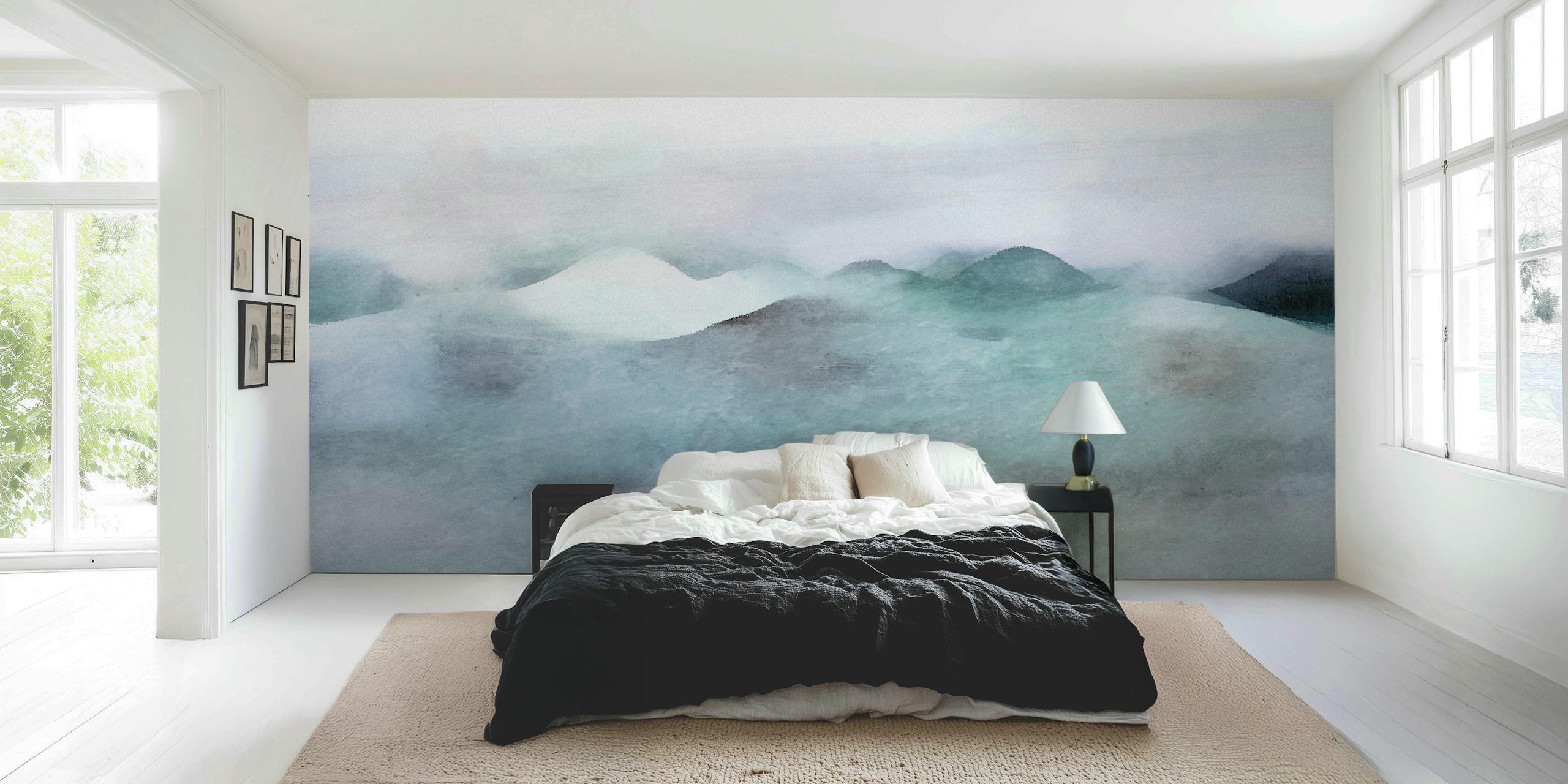 Watercolor gradient landscape wallpaper in a room
