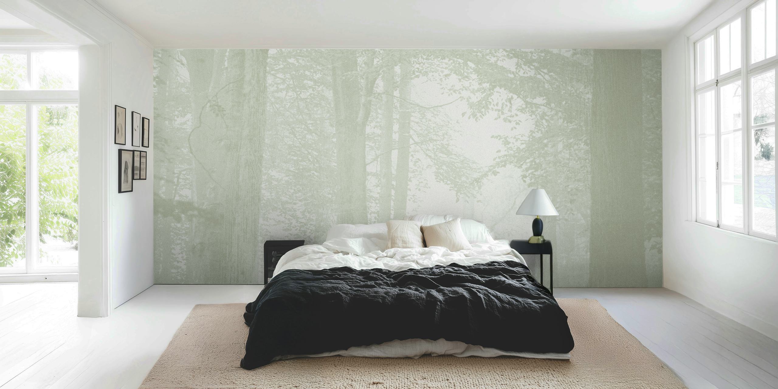 Ethereal trees in soft gray tones with misty background wallpaper.