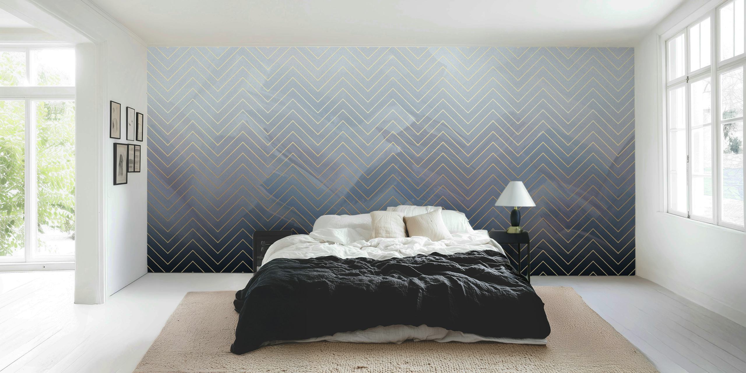 Chevron pattern in gradient blue and black with gold lines wallpaper