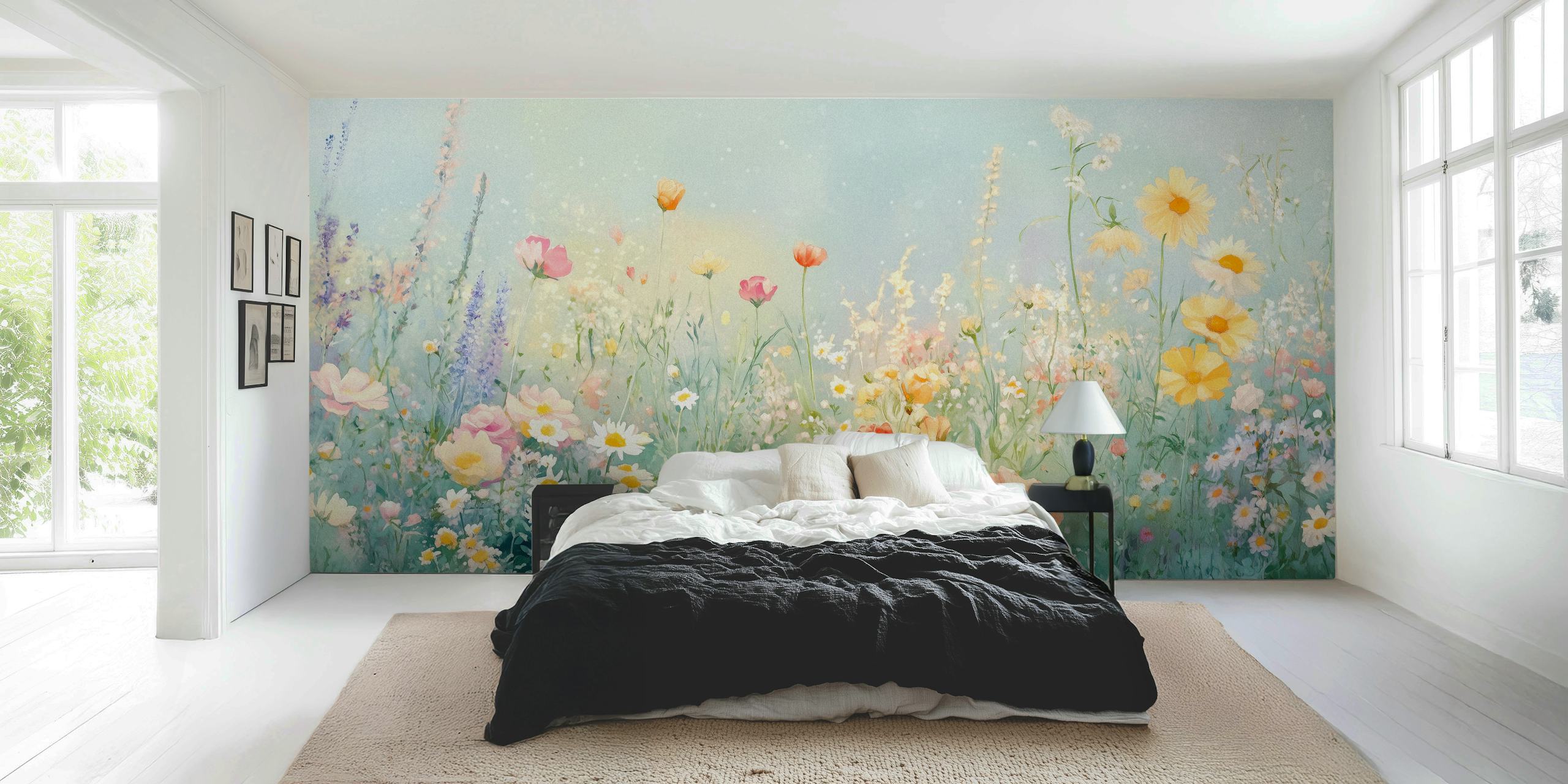 Colorful flowers in a blooming meadow; watercolor wallpaper