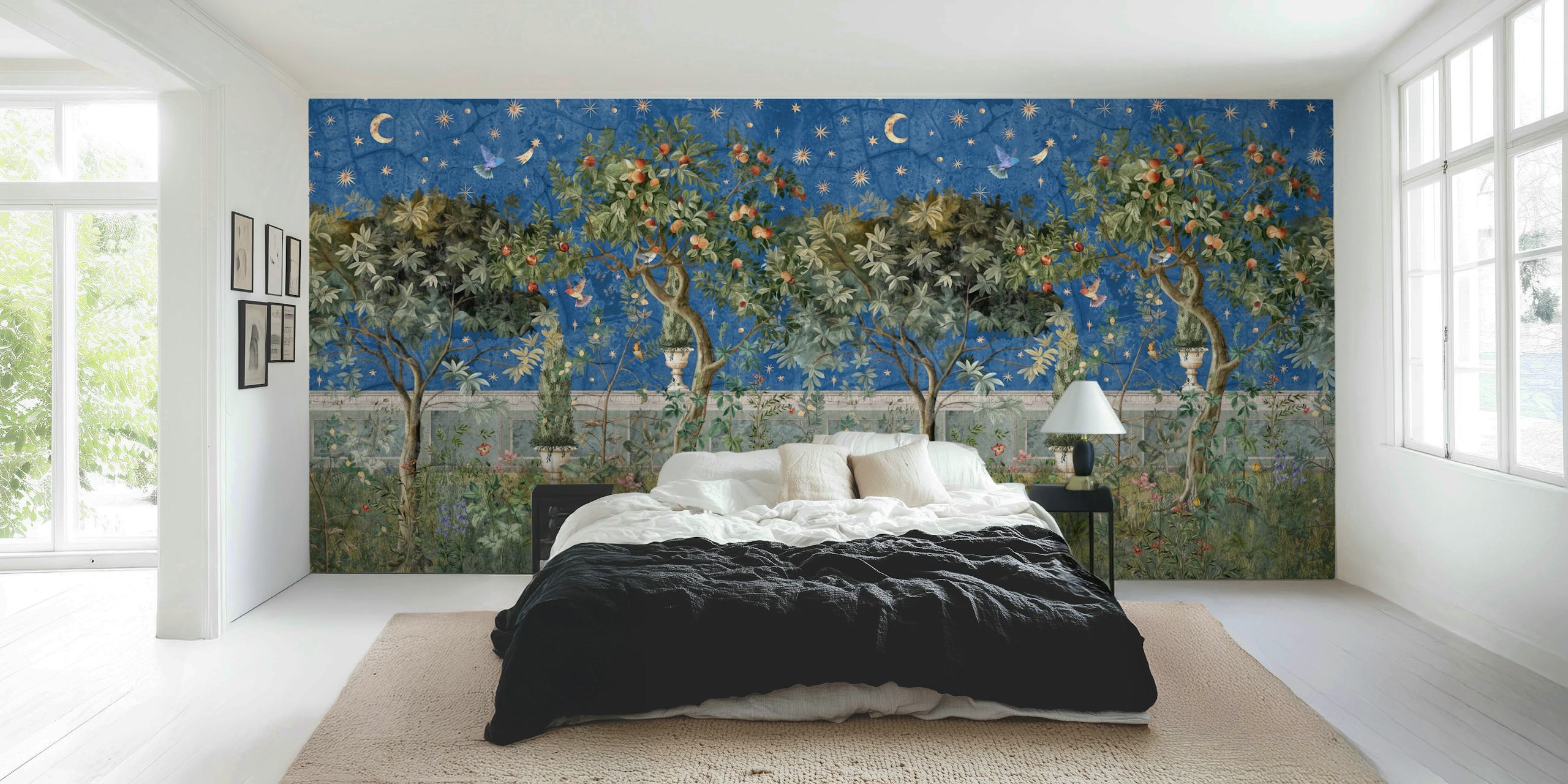 Starry Orchard Dreams Midnight papel de parede em um quarto