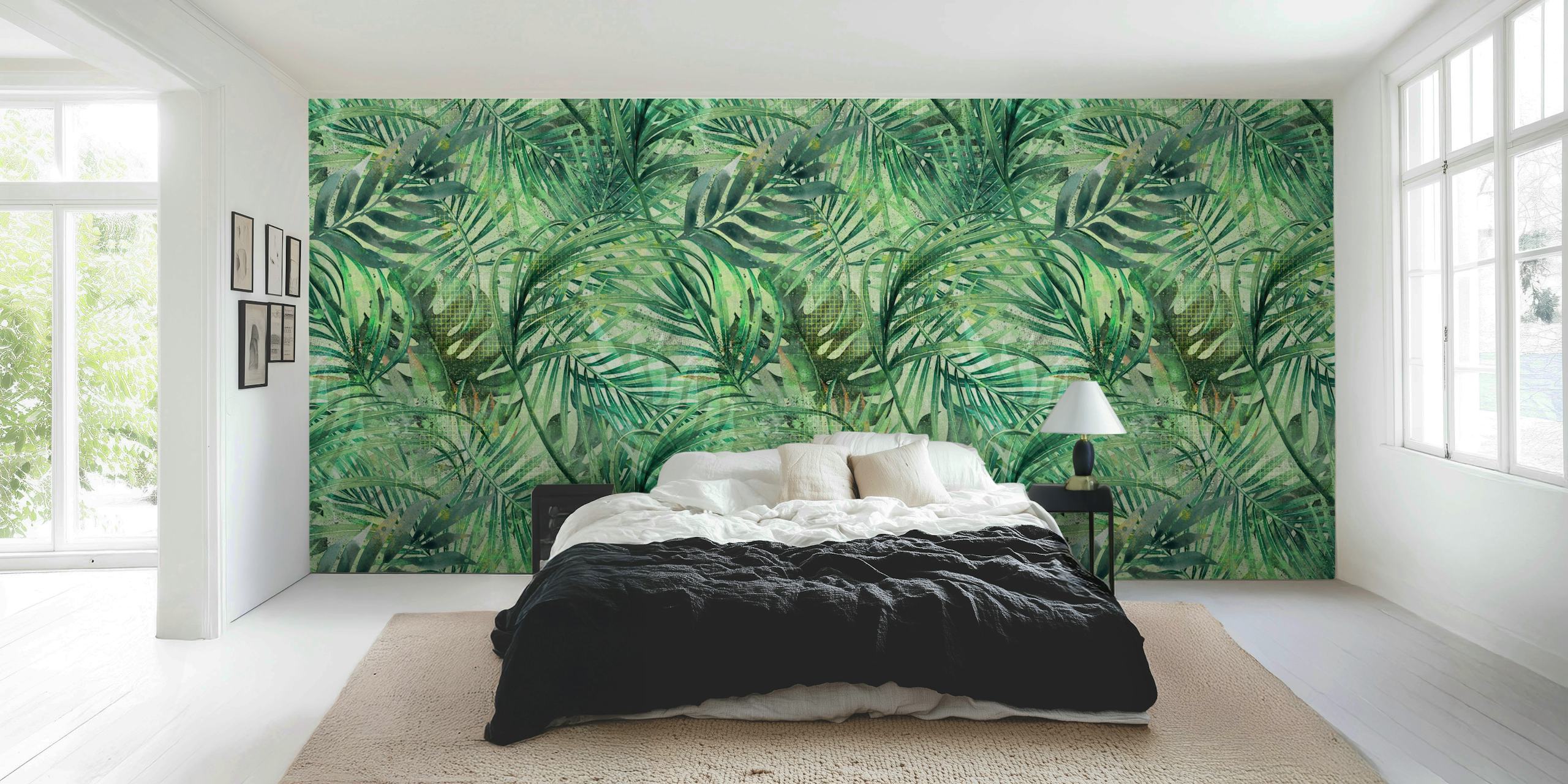 Green tropical palm leaves wall mural wallpaper with textured pattern.