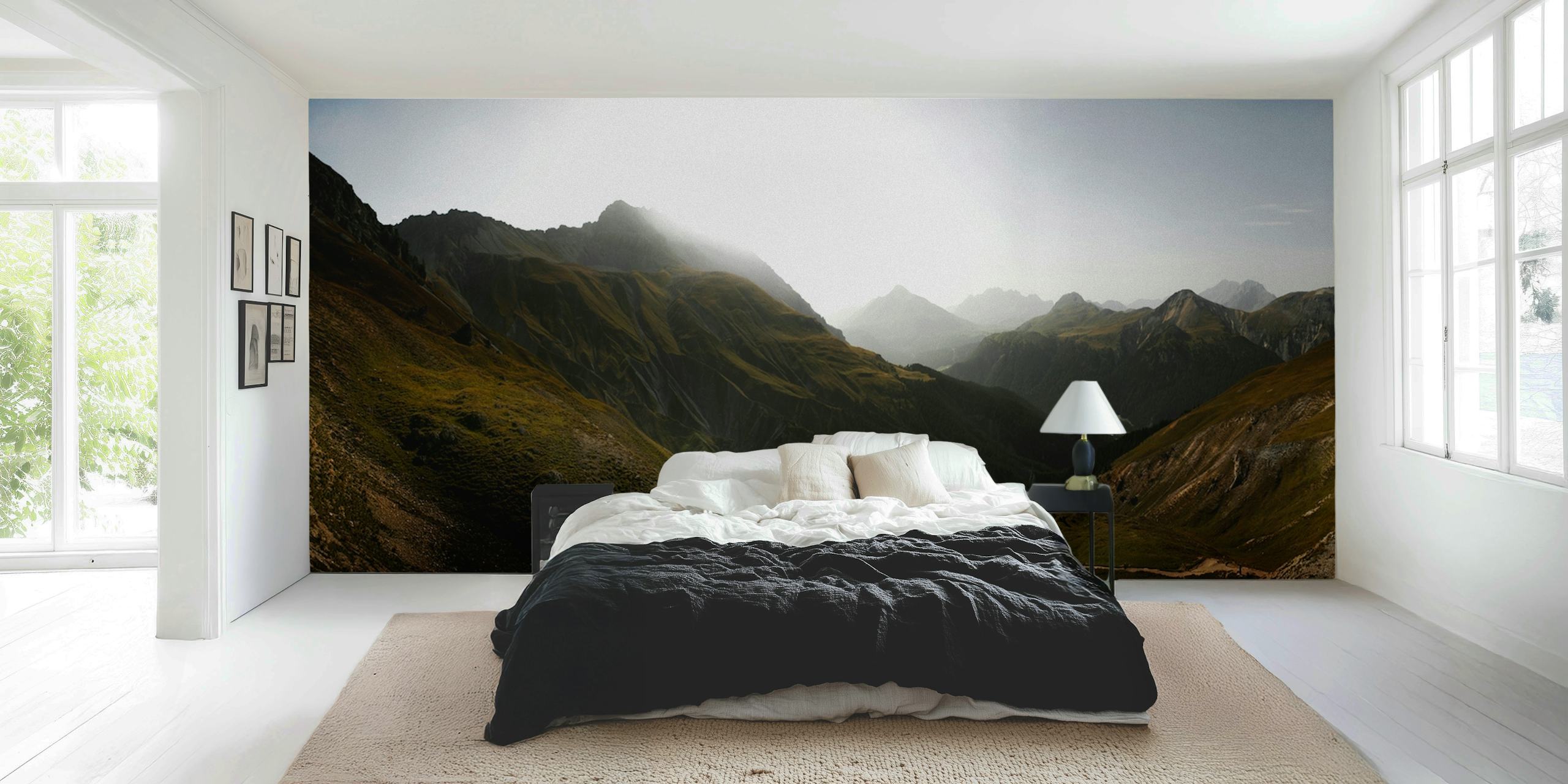 Mountain landscape wallpaper in a room