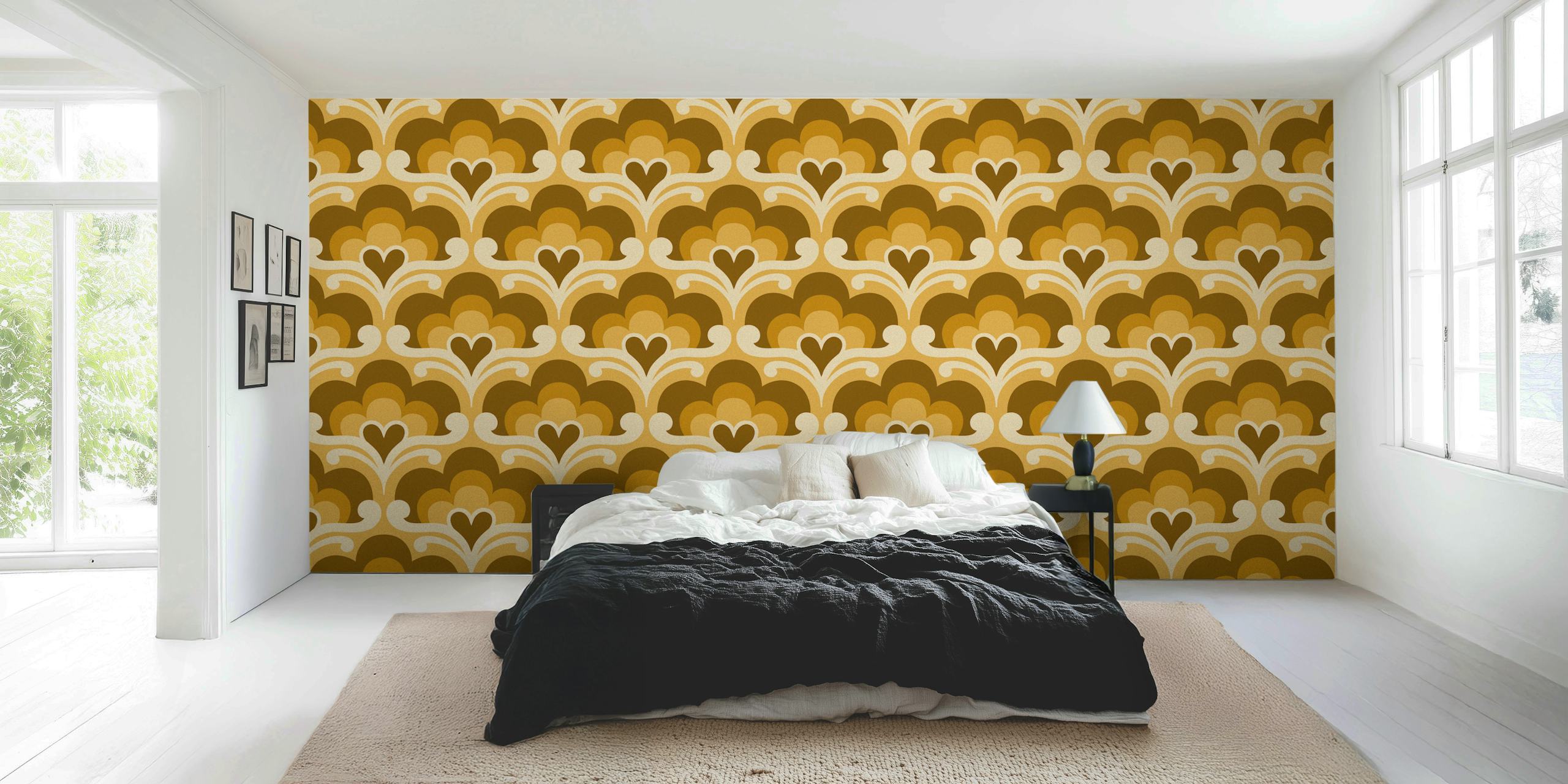 Golden Retro Blossoms wallpaper in a room