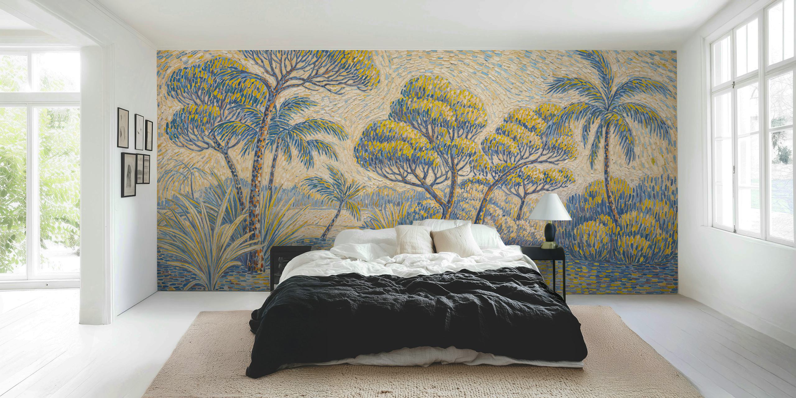 Tropical forest scene with blue and yellow foliage wallpaper