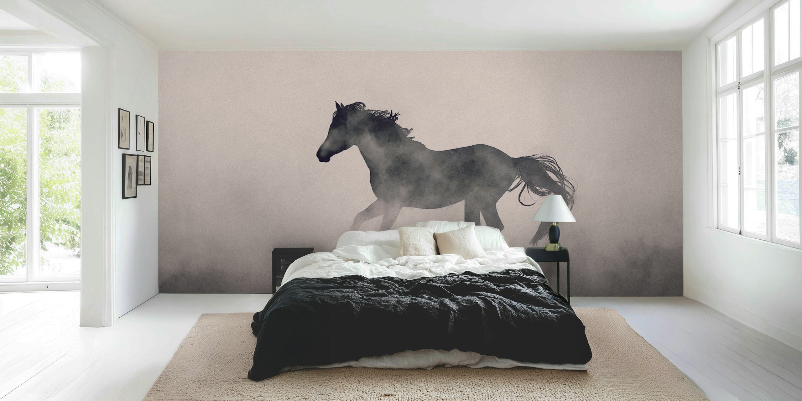 Wild horse in fog silhouette, gray tones, artistic wallpaper