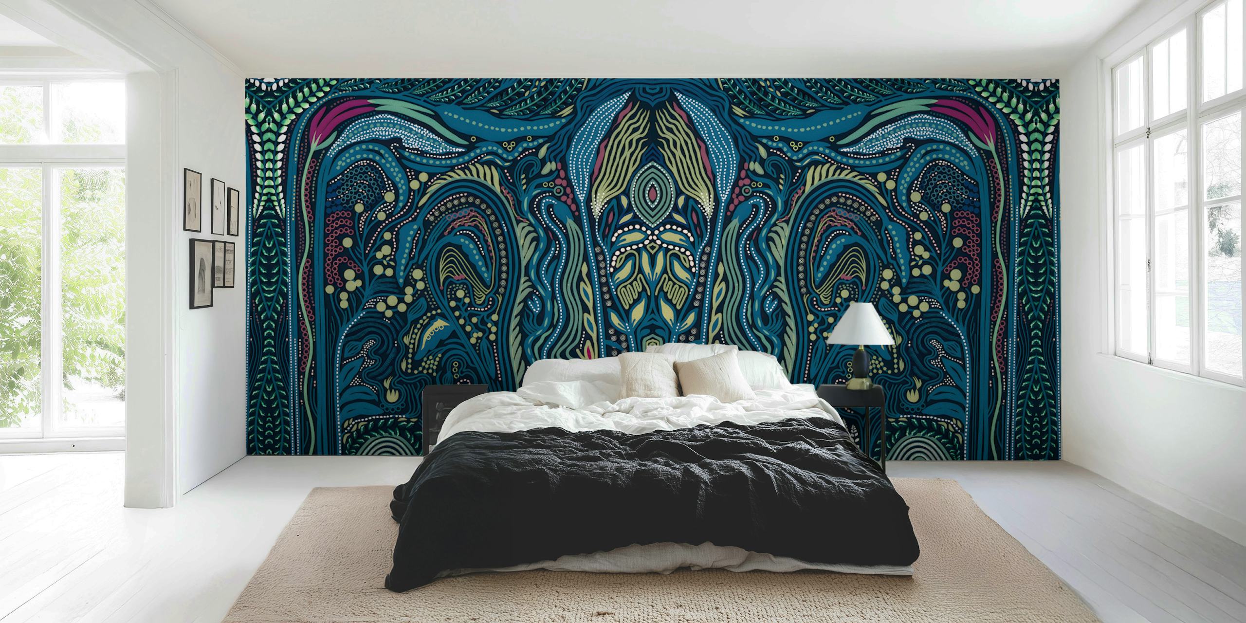 Colorful abstract floral design with swirling patterns in blue, green, and red wallpaper
