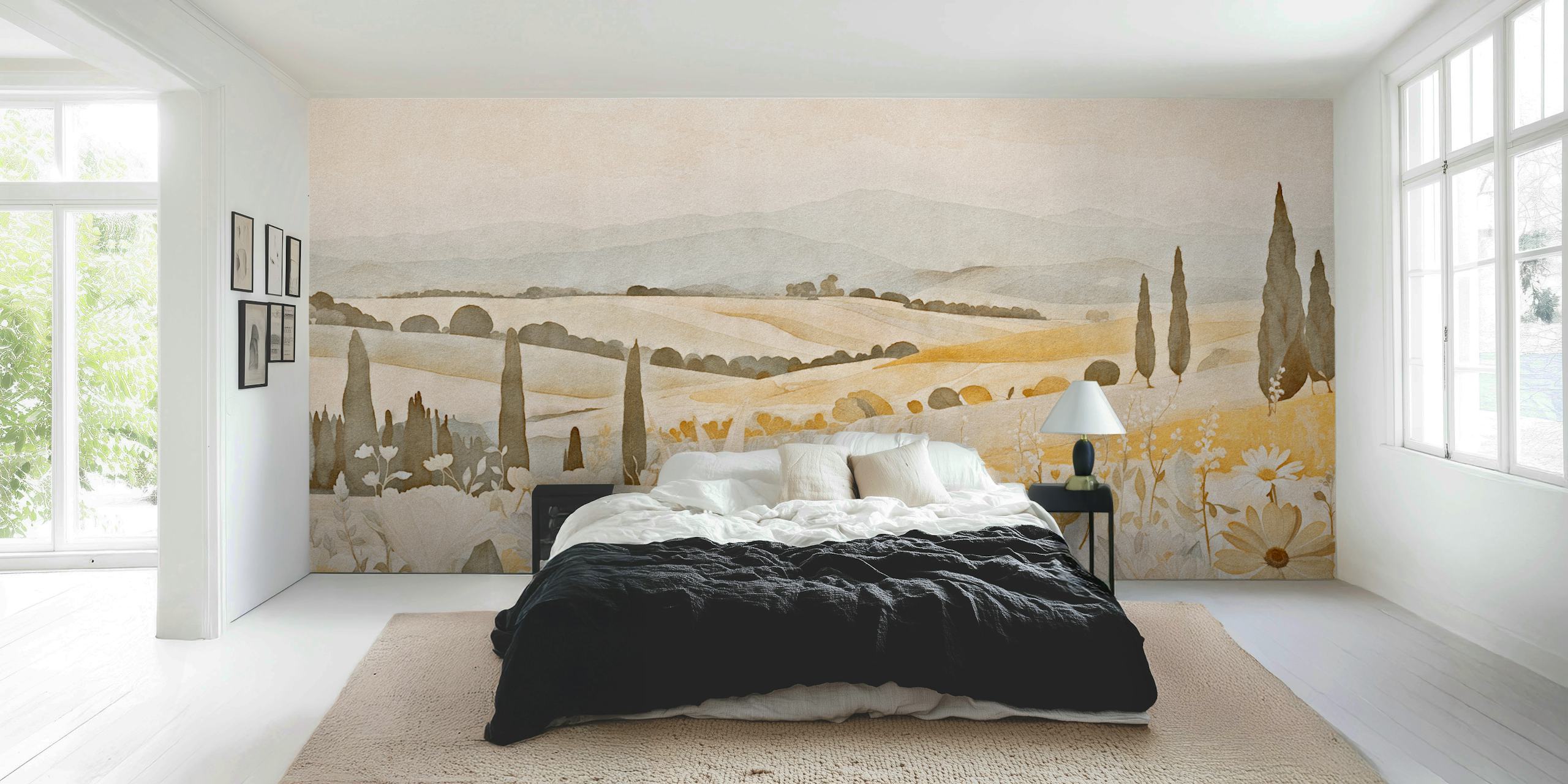 Soft landscape with hills and flowers in beige pastel colors wallpaper