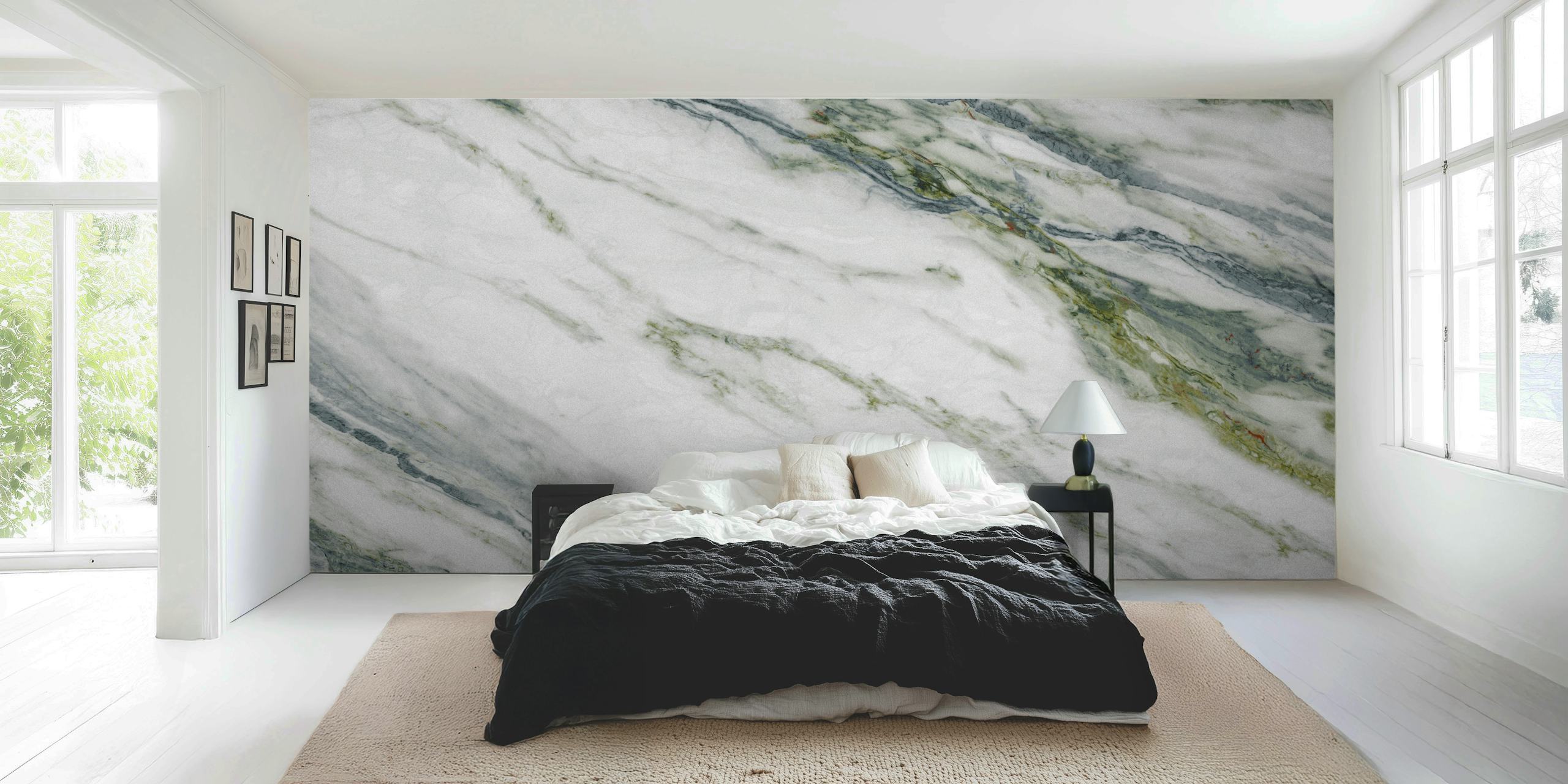 Calacatta Verde marble pattern wallpaper featuring white and green veining.