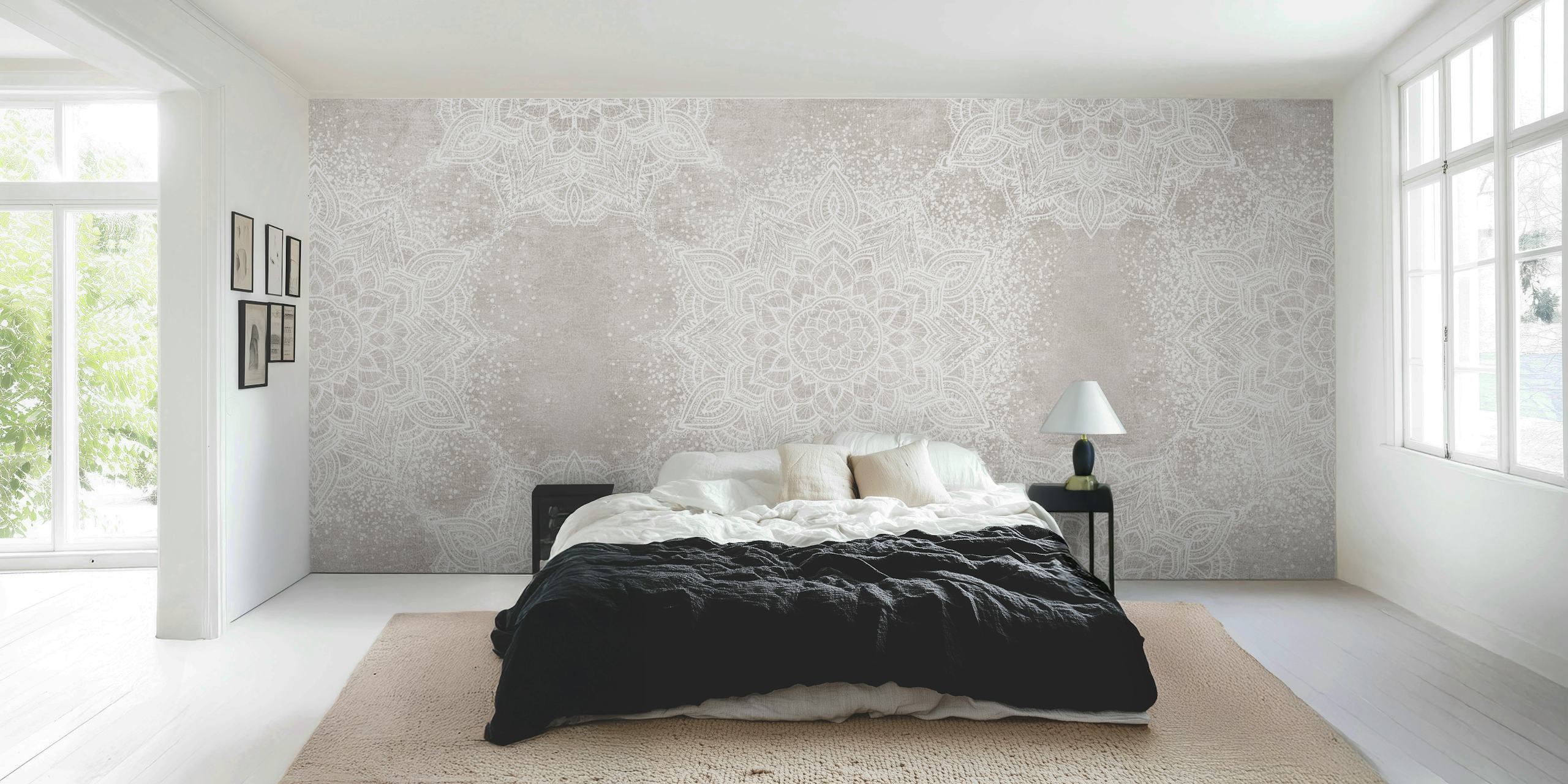 Grey mandala pattern design on a soft background wallpaper