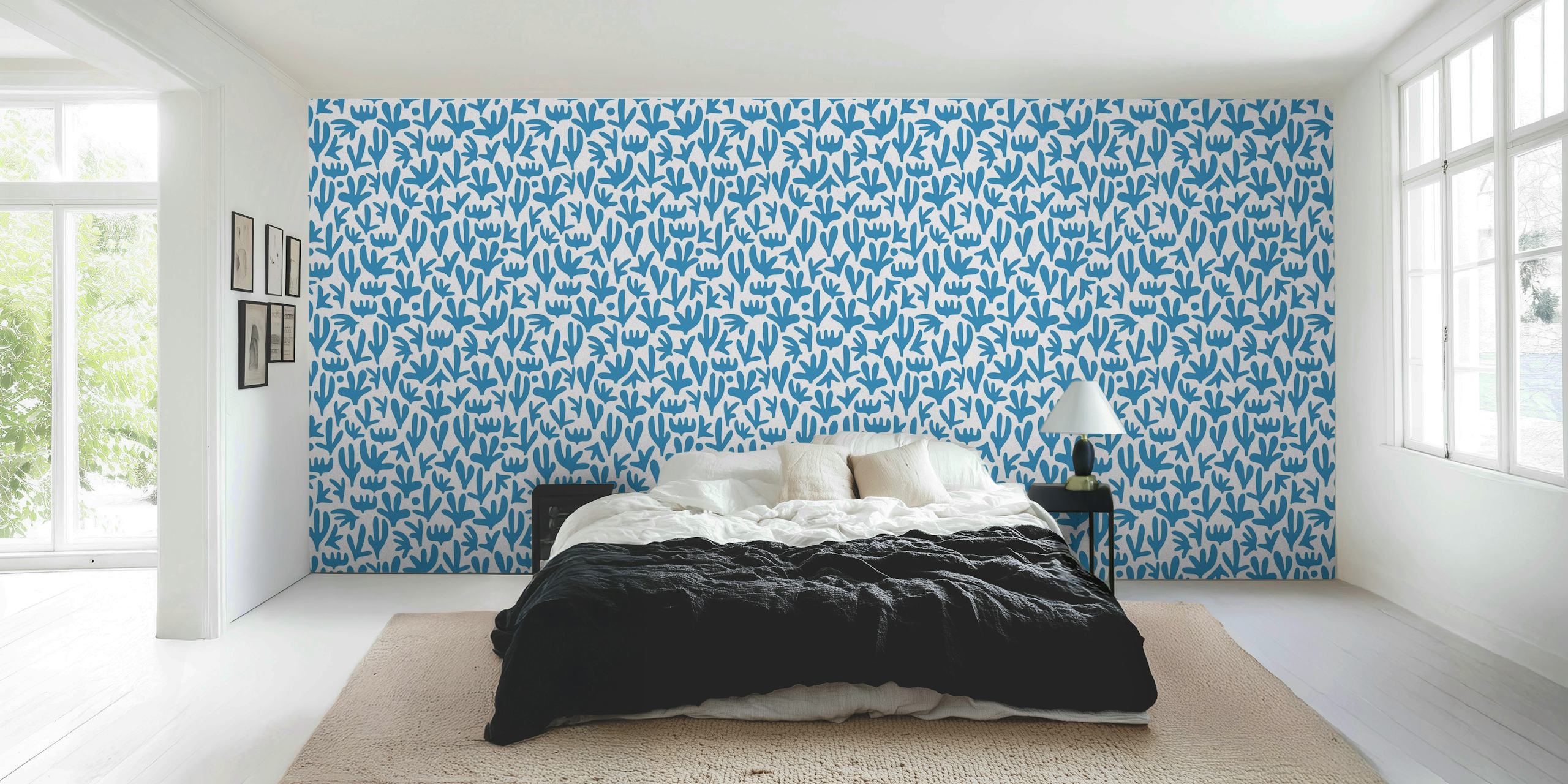 Blue cacti wallpaper in a stylish room