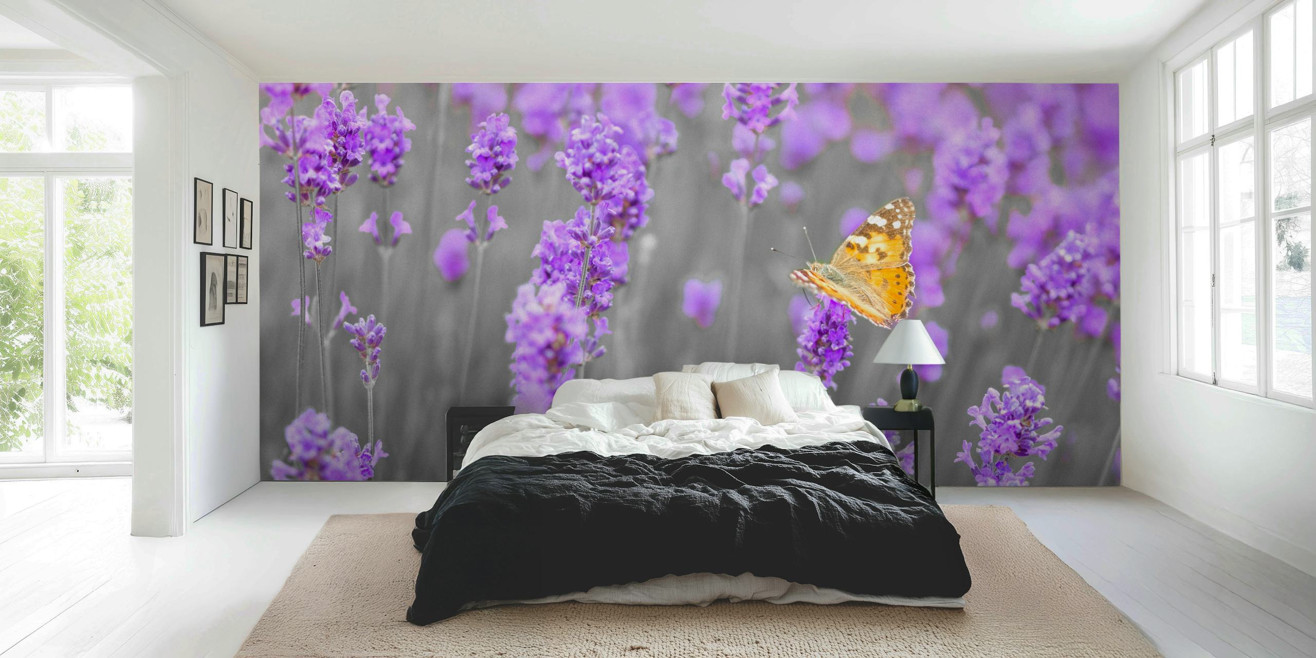 Purple lavender flowers with a butterfly, floral wallpaper